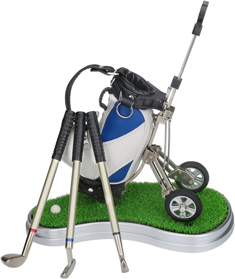 Stylish Blue Golf Pen Holder with 3 Club Pens & Movable Cart - Perfect Desk Decor & Fun Gift for Golf Lovers on Any Occasion!