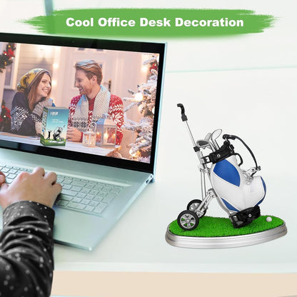 Stylish Blue Golf Pen Holder with 3 Club Pens & Movable Cart - Perfect Desk Decor & Fun Gift for Golf Lovers on Any Occasion!