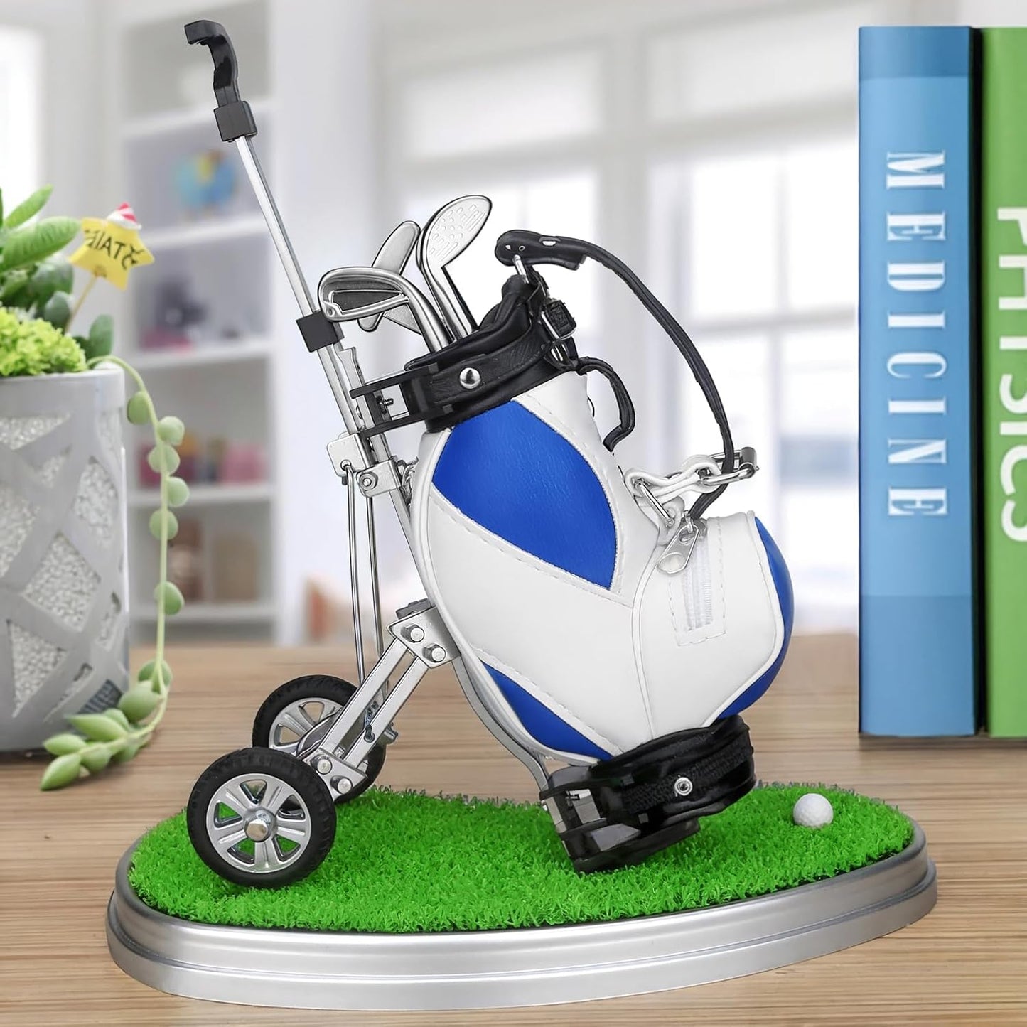 Stylish Blue Golf Pen Holder with 3 Club Pens & Movable Cart - Perfect Desk Decor & Fun Gift for Golf Lovers on Any Occasion!