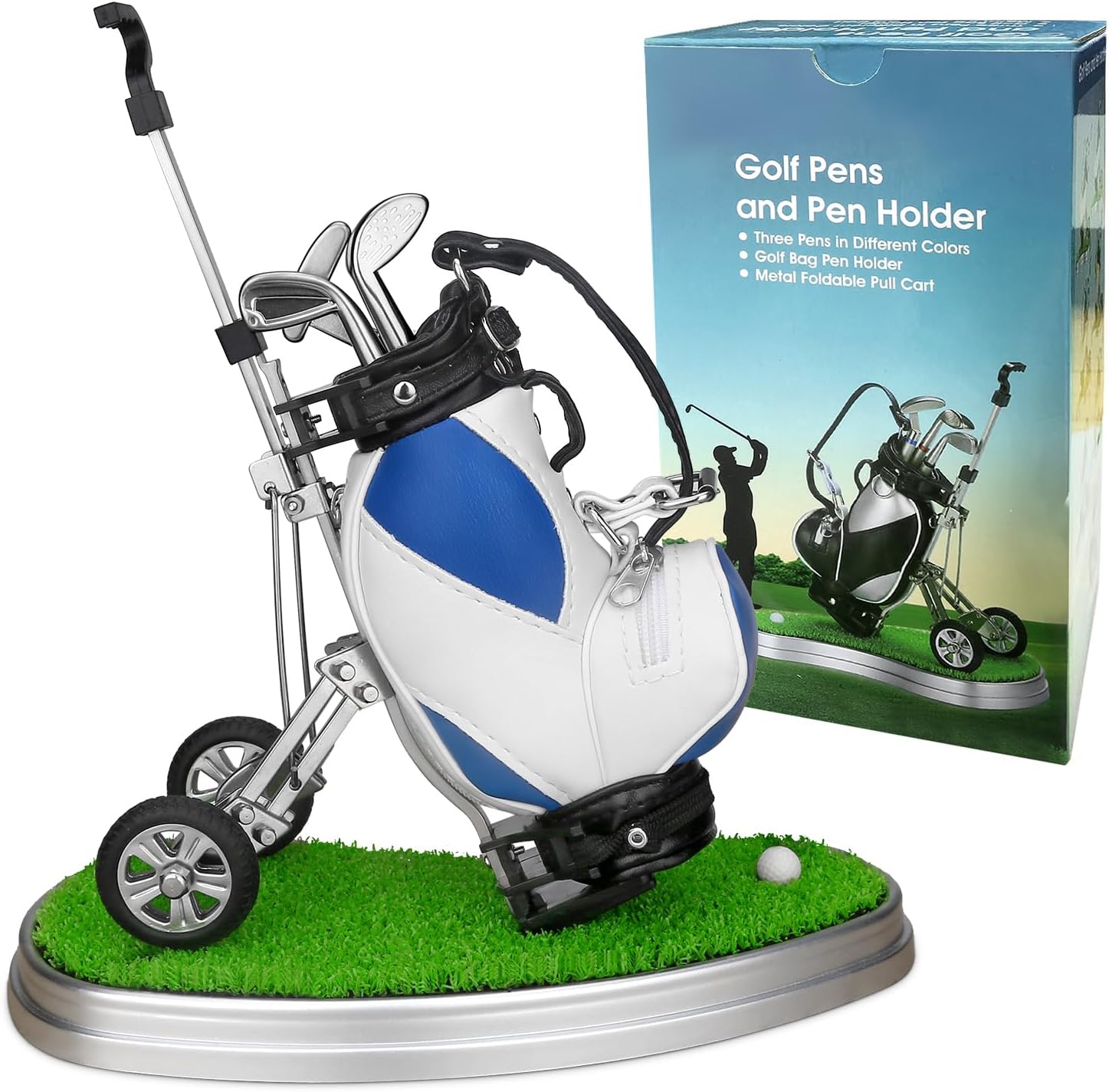 Stylish Blue Golf Pen Holder with 3 Club Pens & Movable Cart - Perfect Desk Decor & Fun Gift for Golf Lovers on Any Occasion!